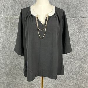 Ann Miller Women's Black Top Size 38  Trim Gold Chain Accent 3/4 Sleeve Blouse